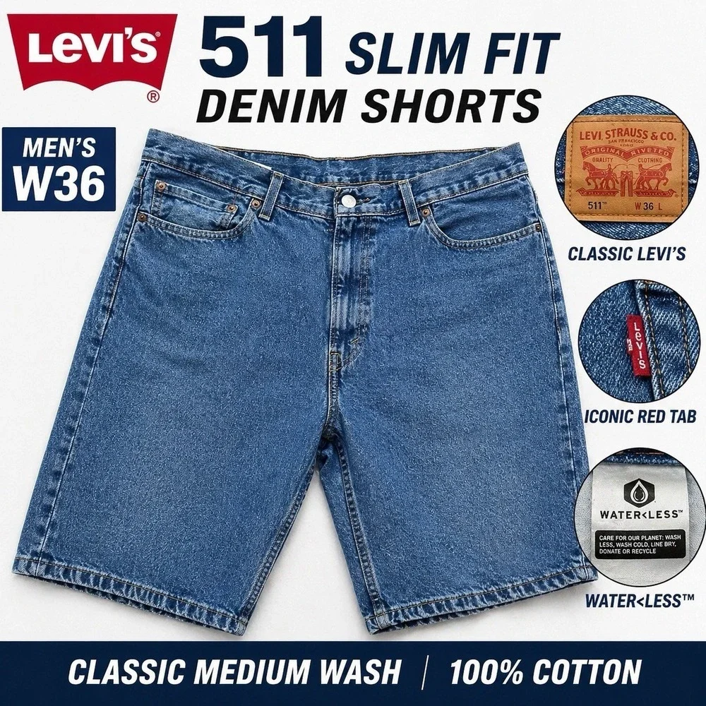 Levi's 511 Slim Fit Denim Shorts Men's 36 Blue Jean Shorts Classic Medium Wash